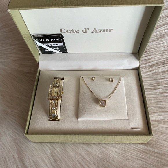 NEW Cote d’ Azur Faux Gold Matching Watch, Necklace & Earrings Jewelry Gift Set - Picture 1 of 6